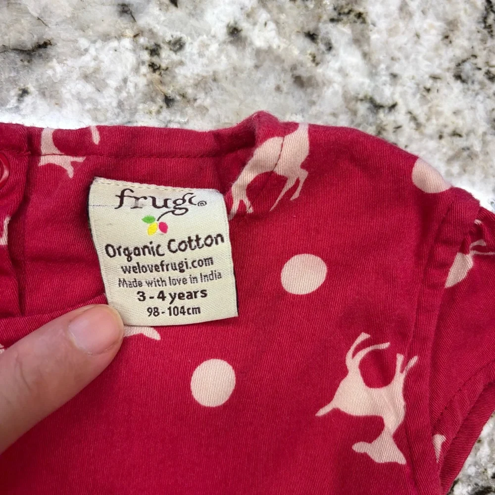 Frugi Girls Kids Dress Deer‎ Red Navy Polka Dots Size 3-4 Lined Bow Organic